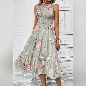 NEW Boho Floral Smocked Tiered Ruffle Midi Dress Sleeveless Green Ivory Pink